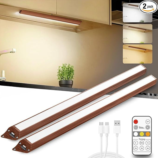 Under cabinet lighting wireless, 2400mAh rechargeable cabinet light, battery operated, magnetic, stick on, 106 LED 3-Color shelf lights, dimmable, with Remote Control(Wood color, 2-Pack 12.2inch)