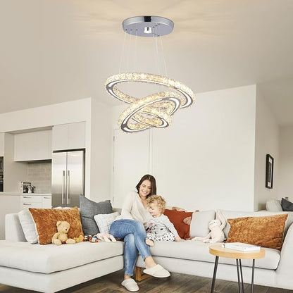 FRIXCHUR Crystal Chandelier LED Chandeliers Ceiling Light Fixture 3 Ring Adjustable Pendant Light Modern Chandelier for Bedrooms Living Room Dinning Room (Dimmable)