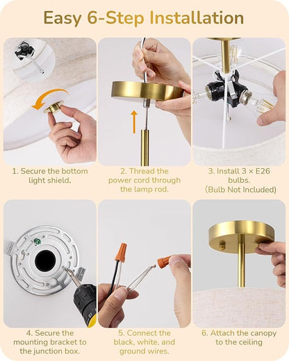 EDISHINE 12.6Inch Semi Flush Mount Ceiling Light, 3-Light Close to Ceiling Light Fixtures with Double Drum Linen Fabric Shade, Modern Mount Lamp for Bedroom Hallway Dining Room, Brushed Gold