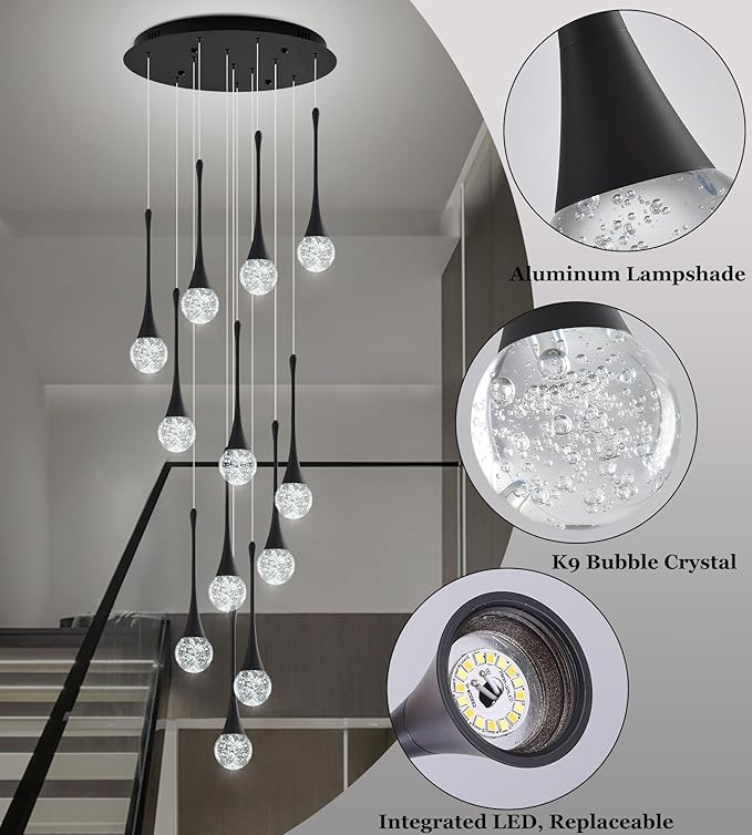Modern Black Crystal Chandelier for High Ceiling 12-Lights, 120 Inches Luxury Spiral Dimmable LED Bubble Raindrop Pendant Lighting Fixture for Staircase Foyer Entryway Living Room