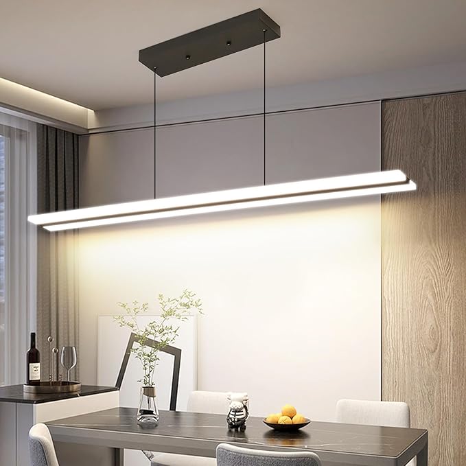 Mikeru Acrylic Linear Pendant Light Dimmable,Modern LED Black Chandelier Fixtures Hanging, Color Temperature and Height Adjustable Table Light for Dining Room, Kitchen, Island 39IN