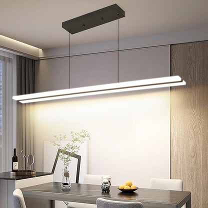 Mikeru Acrylic Linear Pendant Light Dimmable,Modern LED Black Chandelier Fixtures Hanging, Color Temperature and Height Adjustable Table Light for Dining Room, Kitchen, Island 39IN