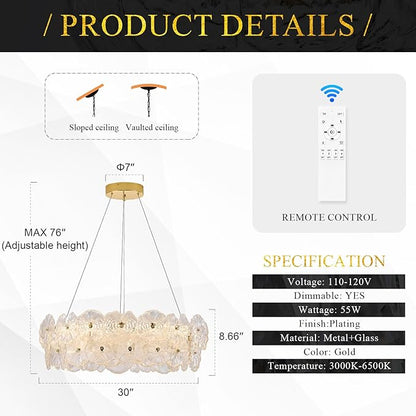 30" Luxury Glass LED Chandelier Modern Gold Dimmable 3000-6500K Large Lotus Leaf Chandeliers Light with Remote Control Contemporary for High Ceiling Living Dining Room Foyer Kitchen Entryway