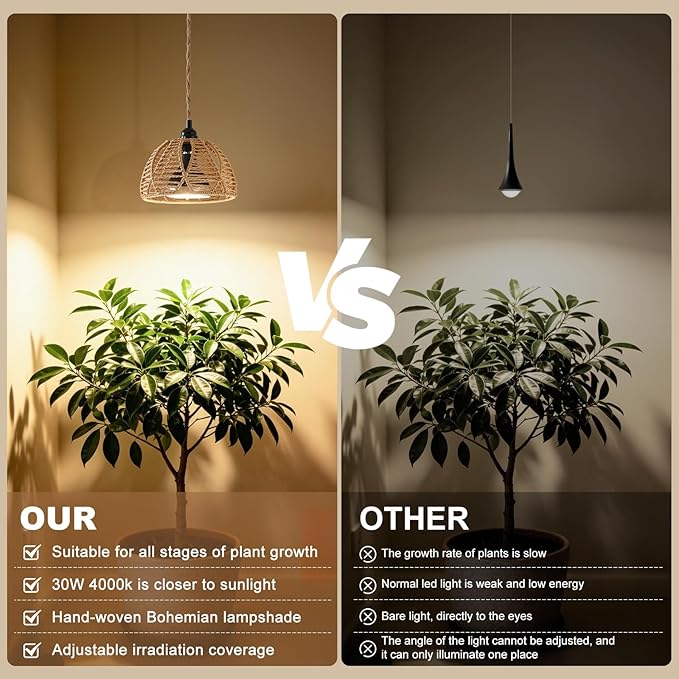 Hanging Grow Lights for Indoor Plants, Full Spectrum Plant Light, with Timer and 15FT Power Cord, 30W Pendant Plant Lights for Indoor Growing, Garden, Flowers, Greenhouse