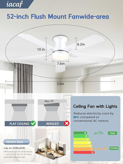 Ceiling Fans with Lights, 52 Inch Ceiling Fan with Light and Remote/APP, Low Profile Ceiling Fan with Light, DC Reversible, 6 Speed Noiseless LED Ceiling Fan, White Small Ceiling Fan for Bedroom