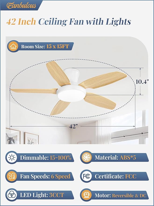 Fanbulous Ceiling Fans with Lights, 42 inch Low Profile Flush Mount Ceiling Fan with Remote/APP Control,Black Modern Ceiling Fan with LED Light for Bedroom Indoor Outdoor-LED Dimmable, 3CCT, 6 Speeds