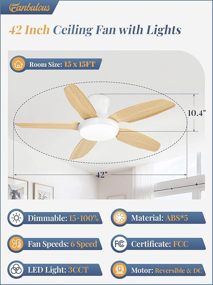 Fanbulous Ceiling Fans with Lights, 42 inch Low Profile Flush Mount Ceiling Fan with Remote/APP Control,Black Modern Ceiling Fan with LED Light for Bedroom Indoor Outdoor-LED Dimmable, 3CCT, 6 Speeds