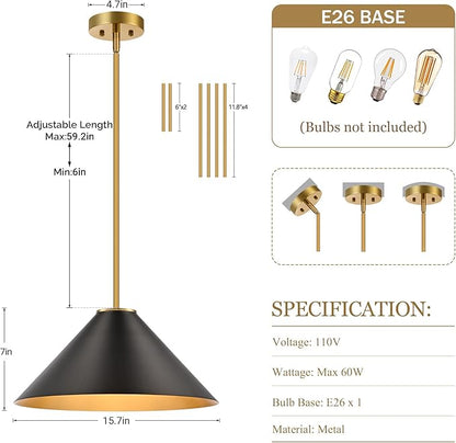 15.7 Inch Modern Pendant Lights Kitchen Island, Black and Gold 1-Light Single Pendant Lighting Fixtures, Metal Cone Farmhouse Ceiling Hanging Light for Dining Room Over Sink Table Hallway