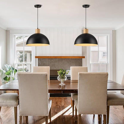Black Solid Wood Pendant Light, 16in Modern Matte Black Pendant Lights Fixtures Adjustable Farmhouse Hanging Lighting,for Kitchen Island Dining Room Barn Office