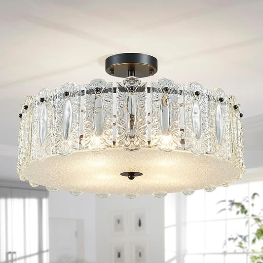 AGV LIGHTING Flush Mount Chandelier Light Fixture, Modern Black Chandelier, D20 x H10, E12 Base 4-Lights, Glass Shade & Black Finish