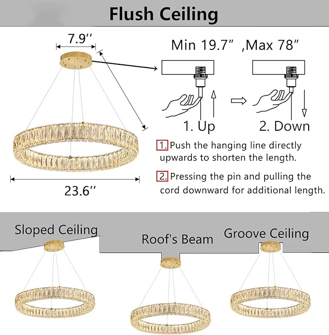 HAIXIANG Modern Crystal Chandelier Dimmable LED Ring Pendant Lights Adjustable Glam Chandeliers Lighting Fixtures for Dining Room Living Room Bedroom Gold Light