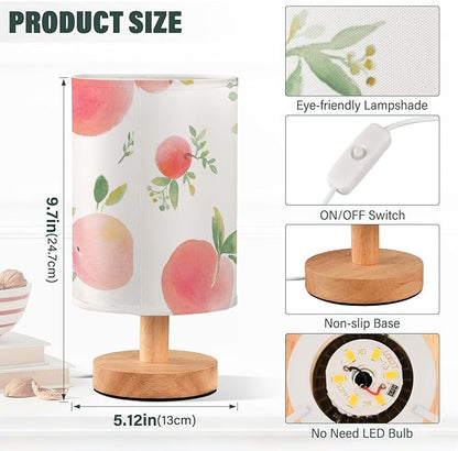 Bedside Table Lamp Peach Watercolor Fruit Leaves Pink Nightstand Lamp with Wood Desk Lamps for Bedroom Living Room Nursery Office Home Decor