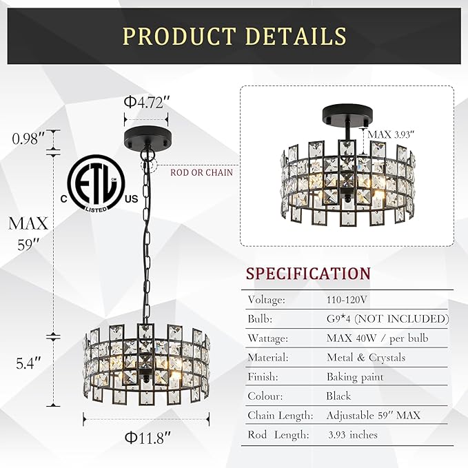 CATINER Black Crystal Pendant Light, 12'' Round 4-Light Modern Chandelier, Semi Flush Mount Ceiling Light for Kitchen Island, Dining Room, Bedroom, Entryway, Hallway, Foyer