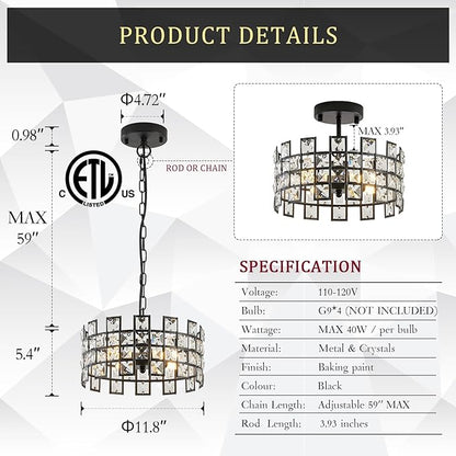 CATINER Black Crystal Pendant Light, 12'' Round 4-Light Modern Chandelier, Semi Flush Mount Ceiling Light for Kitchen Island, Dining Room, Bedroom, Entryway, Hallway, Foyer