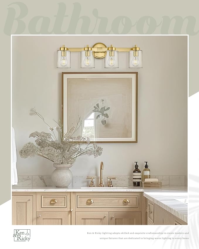 Ken & Ricky 4 Light Brushed Gold Bathroom Vanity Lights Fixtures Over Mirror, Modern Bathroom Wall Sconce Lighting Fixtures 24.6 inch with Clear Glass Shades for Living Room Bedroom Entryway