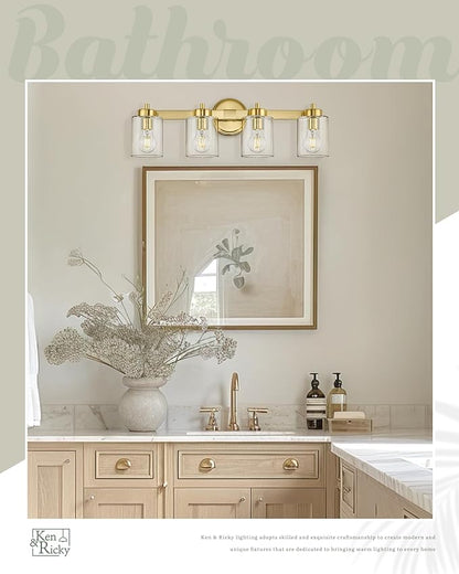 Ken & Ricky 4 Light Brushed Gold Bathroom Vanity Lights Fixtures Over Mirror, Modern Bathroom Wall Sconce Lighting Fixtures 24.6 inch with Clear Glass Shades for Living Room Bedroom Entryway