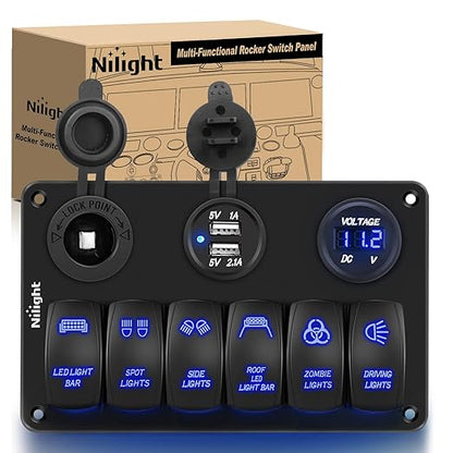 Nilight 6 Gang Rocker Switch Panel Laser Etched Aluminum Light Bar Switch with Cigarette Lighter USB Charger Voltmeter for 12V 24V Cars Boats Trailers