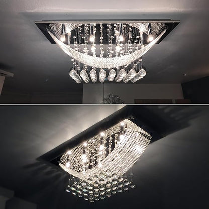 Crystal Chandelier Modern Chandelier Flush Mount Chandelier Silver Rectangle Crystal Raindrop Chandelier 8 Lights Ceiling Light Fixture Pendant Lamp for Kitchen Island Dining Room Closet Wedding Decor