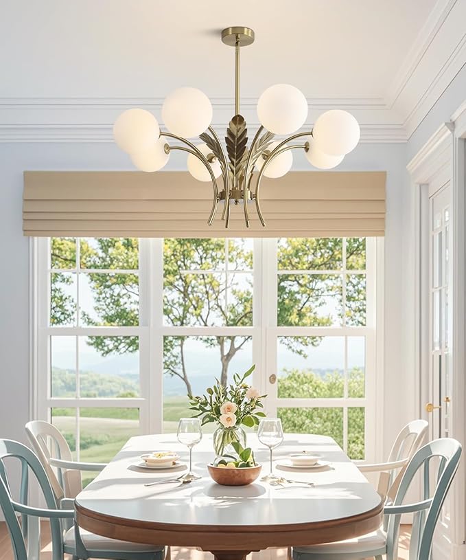 BOKT Gold Semi Flush Mount Ceiling Light Fixture 8 Ball Brass Milk Glass Sphere Sputnik Farmhouse Chandelier Hanging Kitchen Lights for Bedroom Living and Dining Room