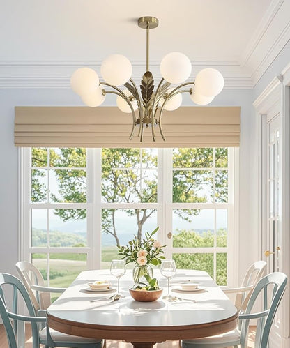 BOKT Gold Semi Flush Mount Ceiling Light Fixture 8 Ball Brass Milk Glass Sphere Sputnik Farmhouse Chandelier Hanging Kitchen Lights for Bedroom Living and Dining Room