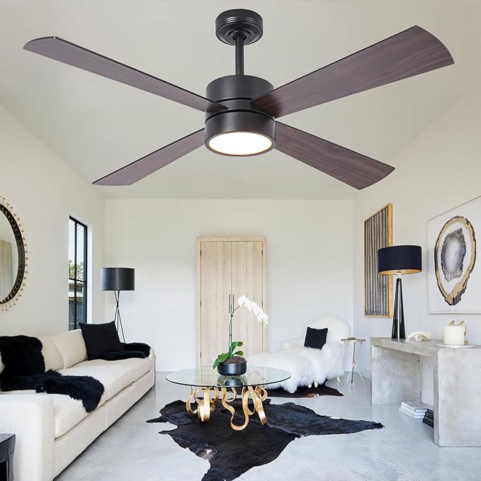 52-Inch DC Motor Ceiling Fan with LED Light, 4 Reversible Blades, Remote & APP Control, Black & Walnut Finish, Dimmable 3-Color Lighting, Energy Efficient Indoor Ceiling Fan with Timer & Memory