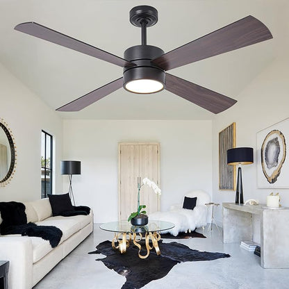 52-Inch DC Motor Ceiling Fan with LED Light, 4 Reversible Blades, Remote & APP Control, Black & Walnut Finish, Dimmable 3-Color Lighting, Energy Efficient Indoor Ceiling Fan with Timer & Memory