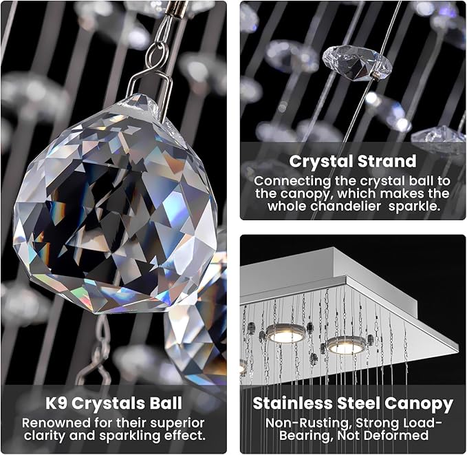 Rectangular Wave Raindrop Chandelier, Flush Mount Crystal Chandelier, Rectangle Pendant Ceiling Light Fixture for Dining Room,Kitchen Island, Living Room, L31.5×W11.8×H32.3