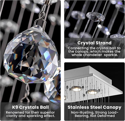 Rectangular Wave Raindrop Chandelier, Flush Mount Crystal Chandelier, Rectangle Pendant Ceiling Light Fixture for Dining Room,Kitchen Island, Living Room, L31.5×W11.8×H32.3