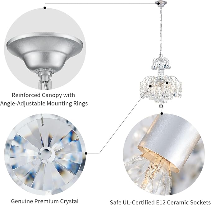 WUZUPS 5-Light Crystal Chandelier Pendant Ceiling Light Modern Lighting Fixture for Bedroom Hallway Bar Kitchen Bathroom, H 20.3" W17.1, E12 Base, Silver