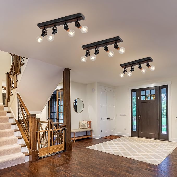 Farmhouse Wood Flush Mount Ceiling Light,Black Kitchen Track Lighting Fixtures Ceiling with Rotatable Light Heads,4 Light Track Lighting for Kitchen, Living Room, Bedroom.