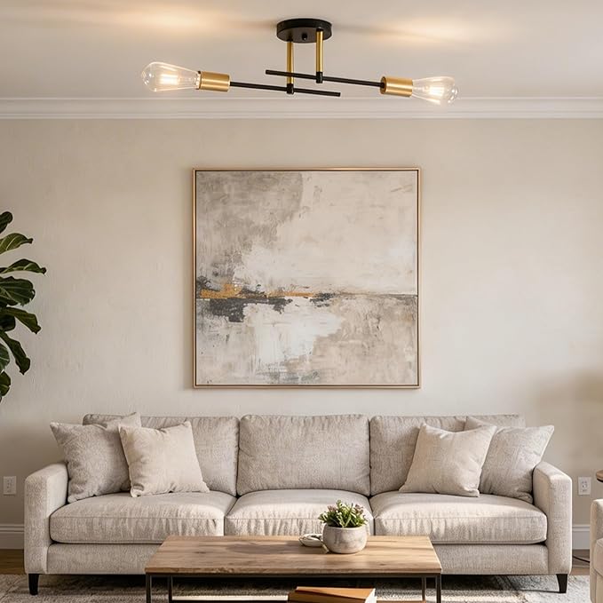 Modern Sputnik Chandelier Ceiling Light Fixtures, 2-Lights Mid Century Industrial Metal Semi Flush Mount for Dining Room, Bedroom, Living Room-Black and Gold