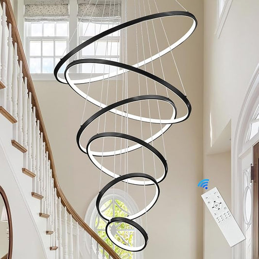 6 Rings Chandelier High Ceiling, Black Modern LED Chandeliers with Remote Control Large Foyer Chandelier Entryway Dimmable Pendant Light Fixture for Living Room Staircase, 3000-6500K