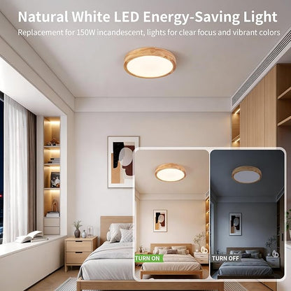 Modern LED Ceiling Light for Bedroom: Minimalist Wood Flush Mount Ceiling Light Fixture with Acrylic Lampshade - 4500K Not Dimmable Overhead Ceiling Lamps for Kitchen Hallway Living Room (11.8" Wood)