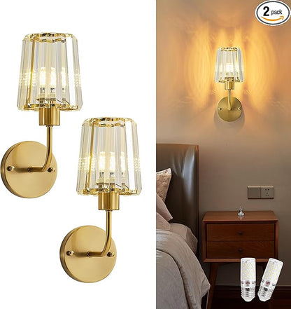 KARTOOSH Hardwired Crystal Wall Sconces Set of Two - Dimmable Wall Light Fixtures 3000K, Warm White, for Hallway, Bathroom, Living Room, Bedroom, Brass, 13 Inch
