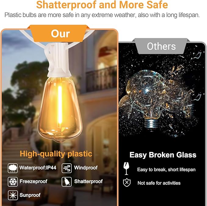 LAMPHOME 26FT Outdoor String Lights Waterproof, Connectable Patio Lights with 12+1 Shatterproof ST38 LED Edison Bulbs, Hanging Lights for Backyard Garden Porch Deck Christmas Party Cafe Outdoor Decor