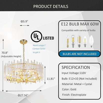 Gold Crystal Chandeliers for Dining Room, 27.6" Modern Round Chandelier Large Adjustable Height Ceiling Hanging Pendant Light Fixture for Dining Living Room Bedroom