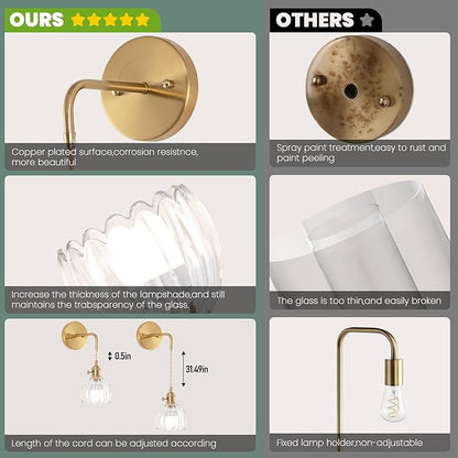 Vintage Battery Operated Wall Sconces Sets Of Two, Indoor not Hardwired Transparent Tulip Glass Lampshade Fixtures, Rechargeable Wireless RGB Wall Lights with Dimmable Remote, for Bedroom Living Room