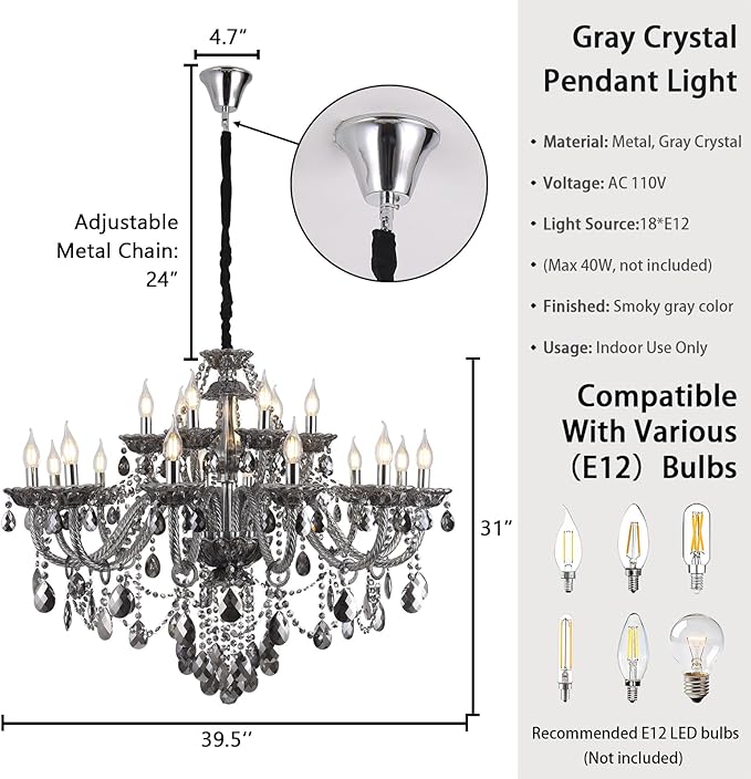 18-Light Smoky Gray Crystal Chandelier for Living Room, Antique Teardrop Candle Chandelier Pendant Ceiling Lighting Fixture for Dinning Room Staircase Lobby Foyer (Smoke Gray 18 Lights)