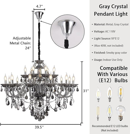 18-Light Smoky Gray Crystal Chandelier for Living Room, Antique Teardrop Candle Chandelier Pendant Ceiling Lighting Fixture for Dinning Room Staircase Lobby Foyer (Smoke Gray 18 Lights)