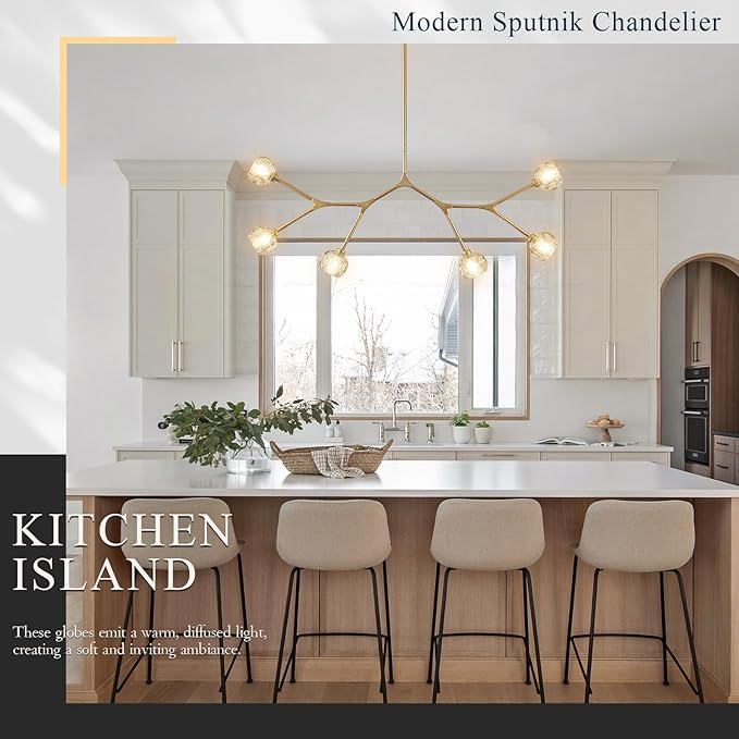 K9 Crystal Pendant Light Fixture Sputnik Chandeliers for Dining Room 6 Light Modern Gold Chandelier L43’' Mid Century Flush Mount Chandelier for Over Table Living Room Kitchen Island