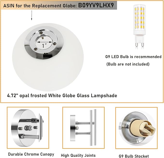 BYOLIIMA Modern Chrome Wall Sconce, 7.5" W x 20" H, G9 Base, Fully Dimmable, Ideal for Bathroom, Kitchen, Living Room, Office