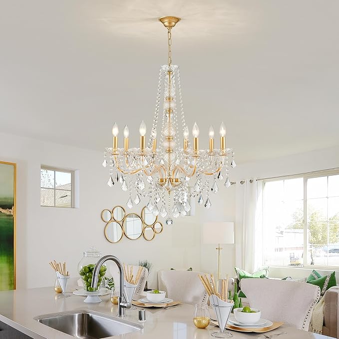 WUZUPS 8-Light Crystal Candle Chandelier Pendant Ceiling Light Modern Lighting Fixture for Bedroom Hallway Bar Kitchen Bathroom, H 35.4" W 27.6", E12 Base, Gold