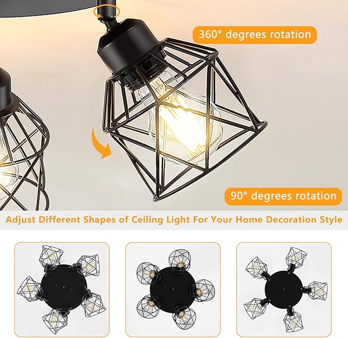 Baocuz 5-Light Adjustable Kitchen Light Fixtures, Multi-Directional Black Ceiling Light Fixtures, Semi Flush Mount Ceiling Light, Vintage Metal Cage Spotlight Fixture for Hallway Dining Room Entryway