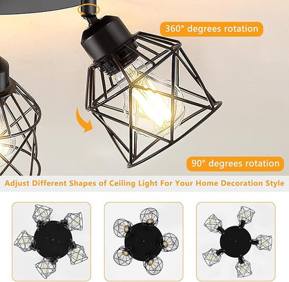 Baocuz 5-Light Adjustable Kitchen Light Fixtures, Multi-Directional Black Ceiling Light Fixtures, Semi Flush Mount Ceiling Light, Vintage Metal Cage Spotlight Fixture for Hallway Dining Room Entryway