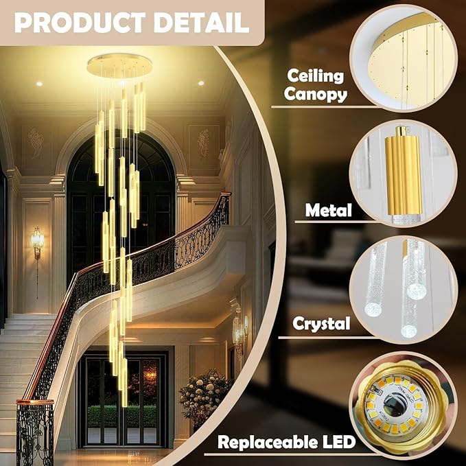 12FT High Ceiling Gold Crystal Chandelier 26-Lights Modern LED Dimmable Pendant Light for Entryway Living Room Dining Room Staircase Foyer Long Hanging Glam Fixture