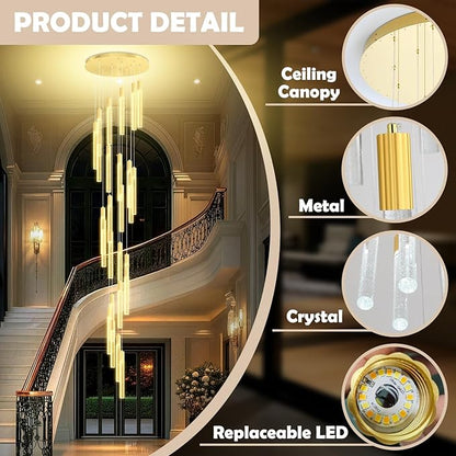12FT High Ceiling Gold Crystal Chandelier 26-Lights Modern LED Dimmable Pendant Light for Entryway Living Room Dining Room Staircase Foyer Long Hanging Glam Fixture
