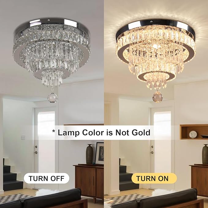 Finktonglan 15.7" Crystal Semi Flush Mount Ceiling Light, 2-Ring LED Crystal Chandelier, Warm White 3000K, Non-Dimmable, Built-in LED for Bedroom Hallway Entryway Dining Room