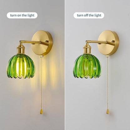 Vintage Wall Sconces with Pullswitch, 180 Degree Adjustable, Hradwired Modern Wall Lighting Fixture with Green Tulip Glass Lampshade for Bedroom Bedside Bathroom