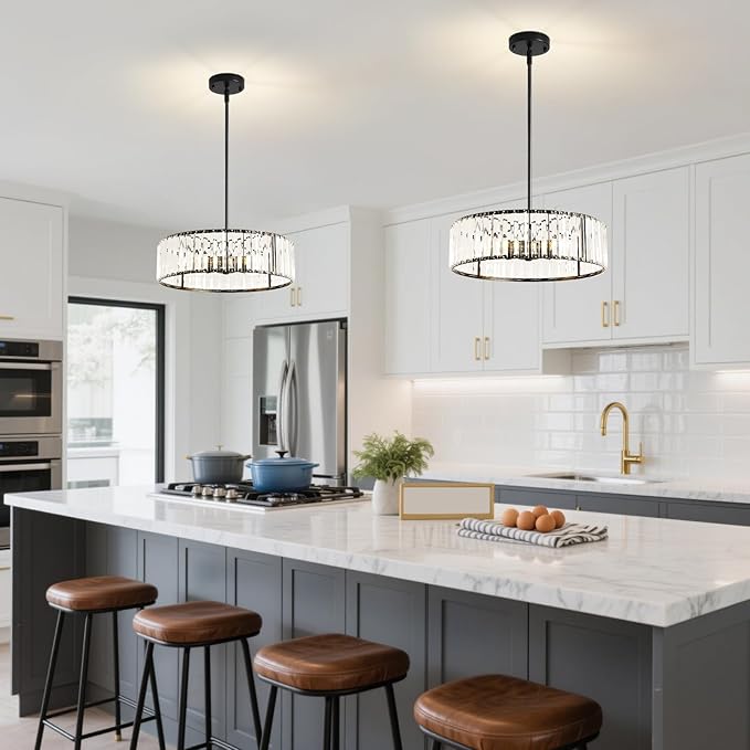 4-Light Black Crystal Chandelier for Dining Room,Modern Semi Flush Mount Ceiling Lighting Fixtures,Round Kitchen Hanging Drum Pendant Lights for Living Room Bedroom Foyer， 16 Inch