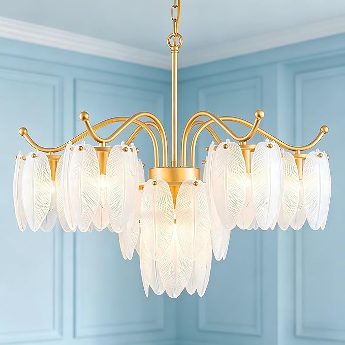 LumFurn D29inch Glass Chandelier, 7-Light Modern Pendant Light Fixture for Dining Room, Living Room, D29 x H27~72 inch Adjustable Height, Frosted Feather-Shaped Glass Shade & Brass Finish Frame